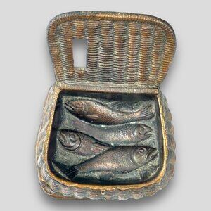 1920s Bronze JB Paperweight Fishing Creel Jennings Bros Leather Bottom EVC